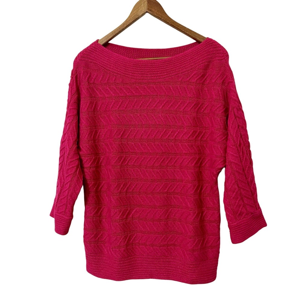 Cable Knit Sweater Boat Neck Fuschia Pink Pullover Preppy L SoHo Casual